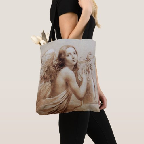 ANGEL PLAYING LYRA OVER THE CLOUDS Brown Sepia Tote Bag