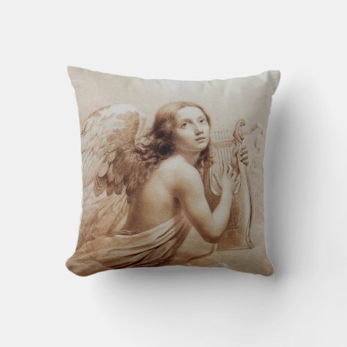 ANGEL PLAYING LYRA OVER THE CLOUDS brown Throw Pillow