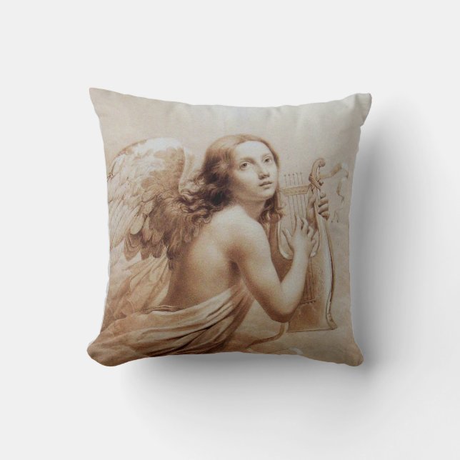 ANGEL PLAYING LYRA OVER THE CLOUDS brown Throw Pillow (Front)
