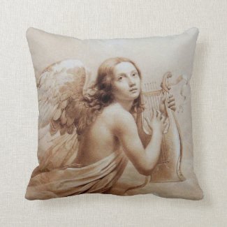 ANGEL PLAYING LYRA OVER THE CLOUDS brown Throw Pillow