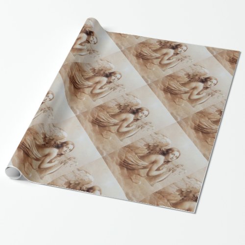 ANGEL PLAYING LYRA OVER THE CLOUDS brown Wrapping Paper