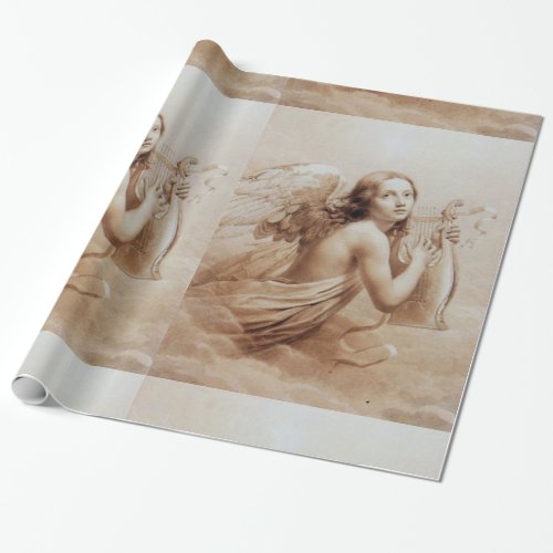 ANGEL PLAYING LYRA OVER THE CLOUDS brown Wrapping Paper