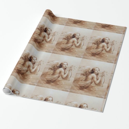 ANGEL PLAYING LYRA OVER THE CLOUDS brown Wrapping Paper