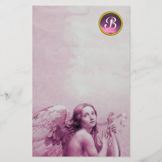 ANGEL PLAYING LYRA OVER THE CLOUDS ,GEM MONOGRAM STATIONERY (Front)