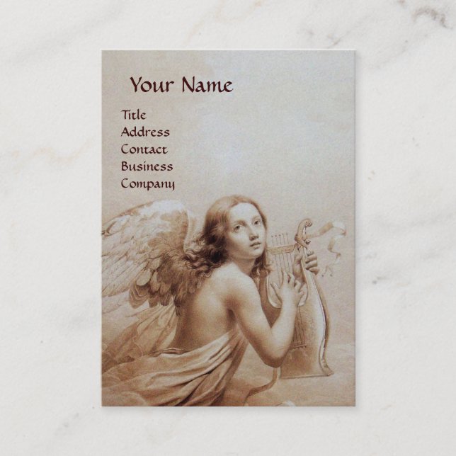 ANGEL PLAYING LYRA OVER THE CLOUDS, Gold Metallic Business Card (Front)