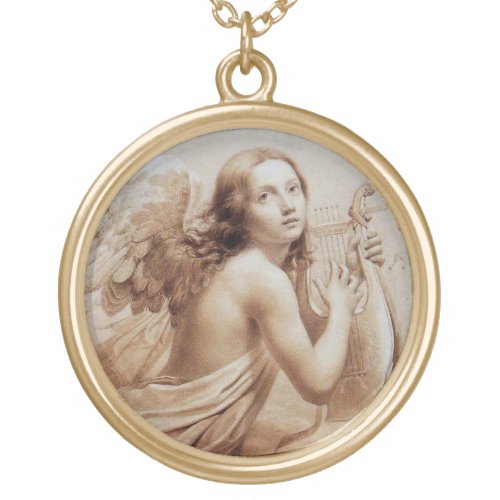 ANGEL PLAYING LYRA OVER THE CLOUDS GOLD PLATED NECKLACE