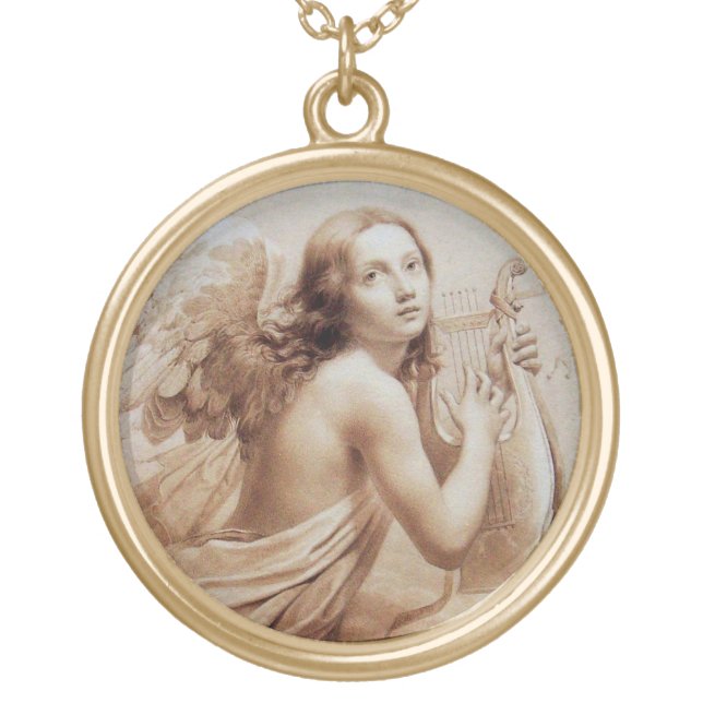 ANGEL PLAYING LYRA OVER THE CLOUDS GOLD PLATED NECKLACE (Front)