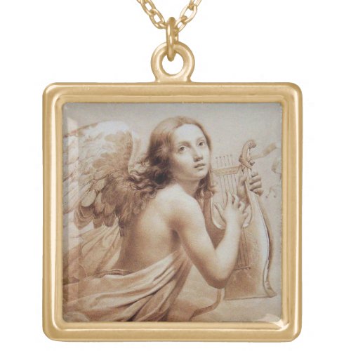 ANGEL PLAYING LYRA OVER THE CLOUDS GOLD PLATED NECKLACE