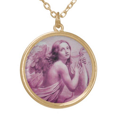 ANGEL PLAYING LYRA OVER THE CLOUDS GOLD PLATED NECKLACE