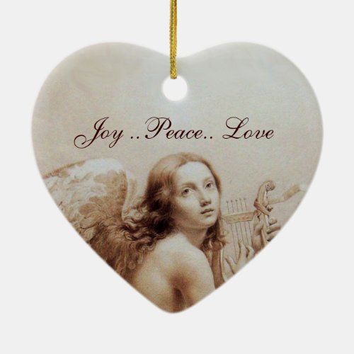 ANGEL PLAYING LYRA OVER THE CLOUDS Heart Ceramic Ornament