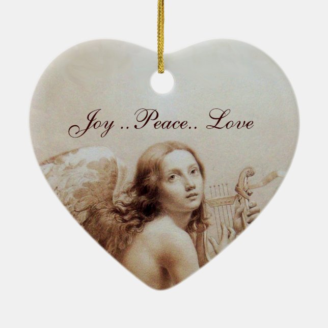 ANGEL PLAYING LYRA OVER THE CLOUDS Heart Ceramic Ornament (Back)