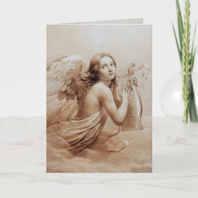 ANGEL PLAYING LYRA OVER THE CLOUDS HOLIDAY CARD (Front)