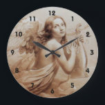 ANGEL PLAYING LYRA OVER THE CLOUDS LARGE CLOCK<br><div class="desc">Elegant,  artistic and classic design  watercolor painting in white sepia, brown colors re-elaborated from 18 th Century Italian fine art</div>