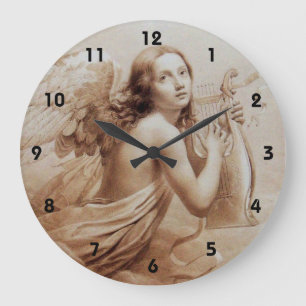 ANGEL PLAYING LYRA OVER THE CLOUDS LARGE CLOCK