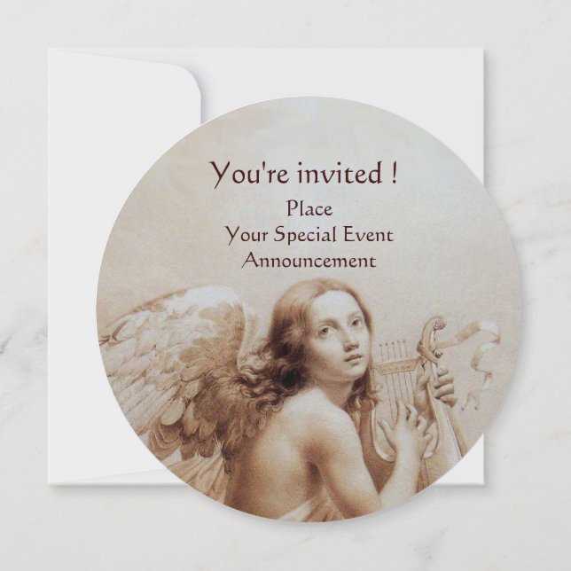 ANGEL PLAYING LYRA OVER THE CLOUDS,Monogram Sepia Invitation (Back)