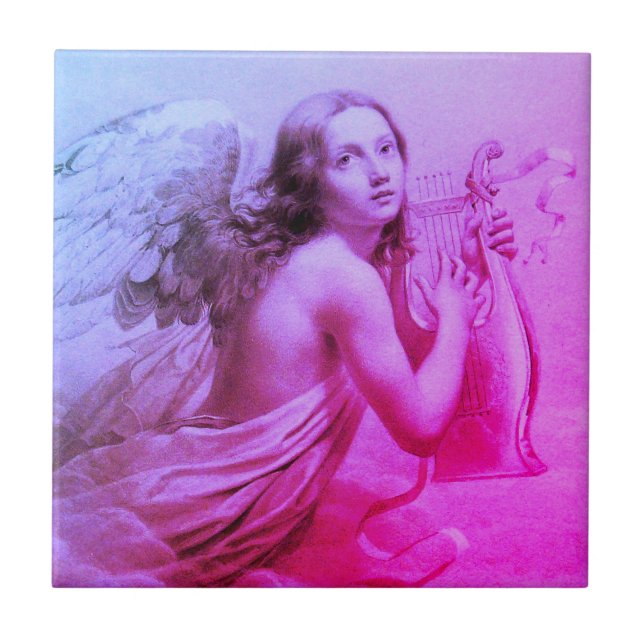 ANGEL PLAYING LYRA OVER THE CLOUDS Pink Blue Ceramic Tile (Front)