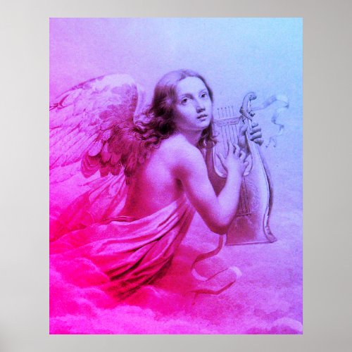 ANGEL PLAYING LYRA OVER THE CLOUDS Pink Blue Poster
