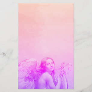 ANGEL PLAYING LYRA OVER THE CLOUDS Pink Blue Stationery