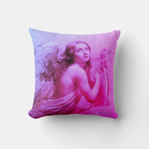 ANGEL PLAYING LYRA OVER THE CLOUDS Pink Blue Throw Pillow