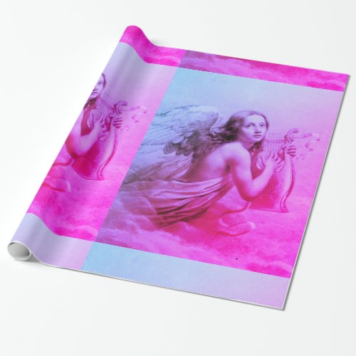 ANGEL PLAYING LYRA OVER THE CLOUDS Pink Blue Wrapping Paper