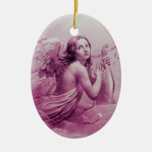 ANGEL PLAYING LYRA OVER THE CLOUDS pink Ceramic Ornament