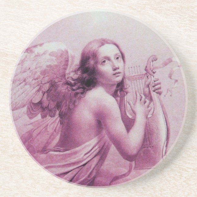 ANGEL PLAYING LYRA OVER THE CLOUDS,pink Drink Coaster (Front)