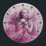 ANGEL PLAYING LYRA OVER THE CLOUDS Pink Fuchsia Large Clock<br><div class="desc">Artistic and classic watercolor painting with white antique pink fuchsia gem stones ,  re-elaborated from 18 th Century Italian fine art</div>