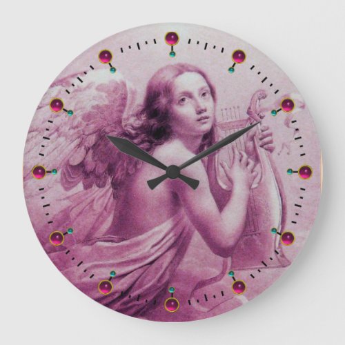 ANGEL PLAYING LYRA OVER THE CLOUDS Pink Fuchsia Large Clock
