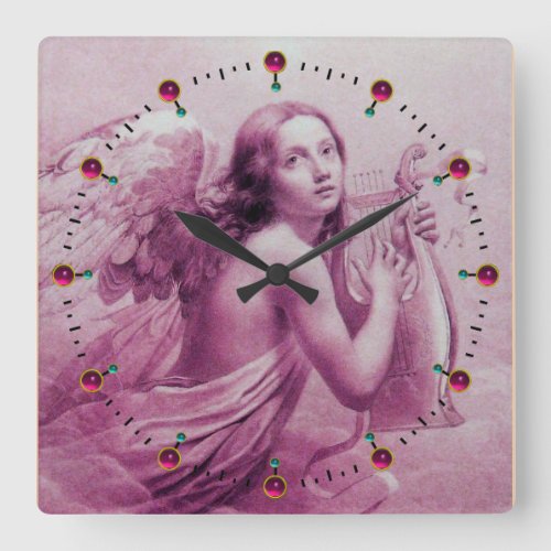 ANGEL PLAYING LYRA OVER THE CLOUDS Pink Fuchsia Square Wall Clock