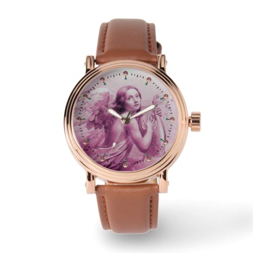 ANGEL PLAYING LYRA OVER THE CLOUDS Pink Gemstones Watch