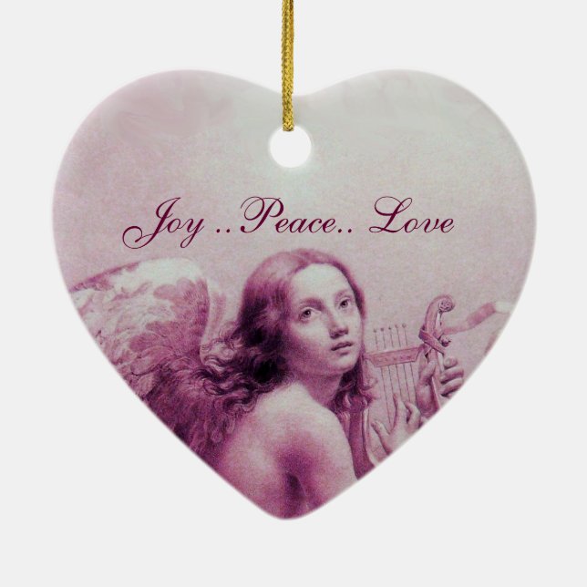 ANGEL PLAYING LYRA OVER THE CLOUDS Pink Heart Ceramic Ornament (Back)