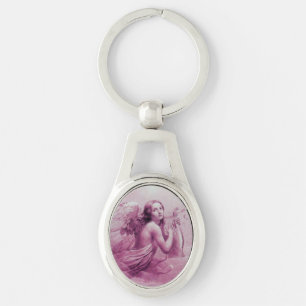 ANGEL PLAYING LYRA OVER THE CLOUDS pink Keychain
