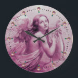 ANGEL PLAYING LYRA OVER THE CLOUDS Pink Large Clock<br><div class="desc">Digital image elaboration , 3d modeling and rendering by Bulgan and Alessandro Lumini (c)
Artistic and classic watercolor painting in white antique pink fuchsia colors re-elaborated from 18 th Century Italian fine art</div>