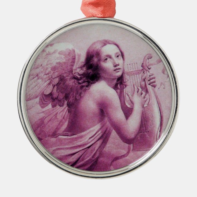 ANGEL PLAYING LYRA OVER THE CLOUDS ,Pink Metal Ornament (Front)