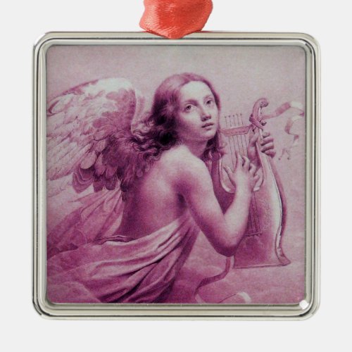 ANGEL PLAYING LYRA OVER THE CLOUDS Pink Metal Ornament