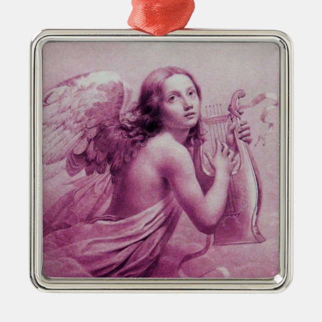 ANGEL PLAYING LYRA OVER THE CLOUDS ,Pink Metal Ornament (Front)