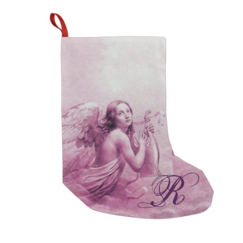 ANGEL PLAYING LYRA OVER THE CLOUDS Pink Monogram Small Christmas Stocking