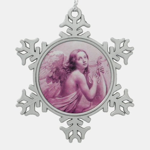 ANGEL PLAYING LYRA OVER THE CLOUDS Pink Snowflake Pewter Christmas Ornament