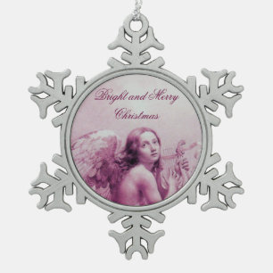 ANGEL PLAYING LYRA OVER THE CLOUDS Pink Snowflake Pewter Christmas Ornament