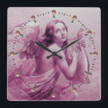 ANGEL PLAYING LYRA OVER THE CLOUDS Pink Square Wall Clock<br><div class="desc">Artistic and classic watercolor painting with white antique pink fuchsia gem stones ,  re-elaborated from 18 th Century Italian fine art</div>