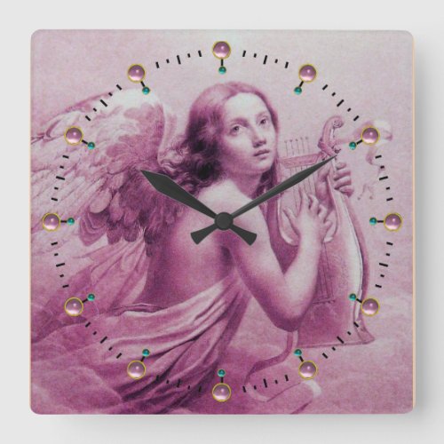 ANGEL PLAYING LYRA OVER THE CLOUDS Pink Square Wall Clock