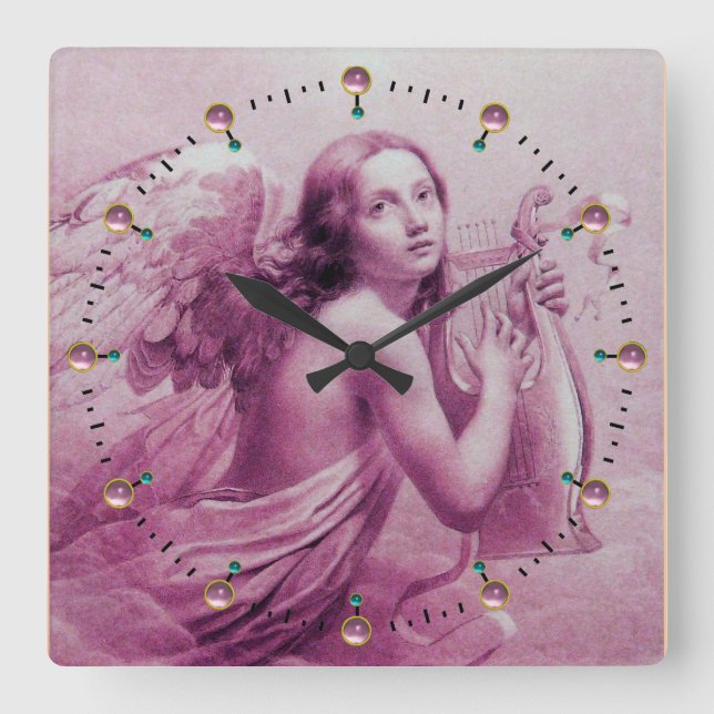 ANGEL PLAYING LYRA OVER THE CLOUDS Pink Square Wall Clock (Front)