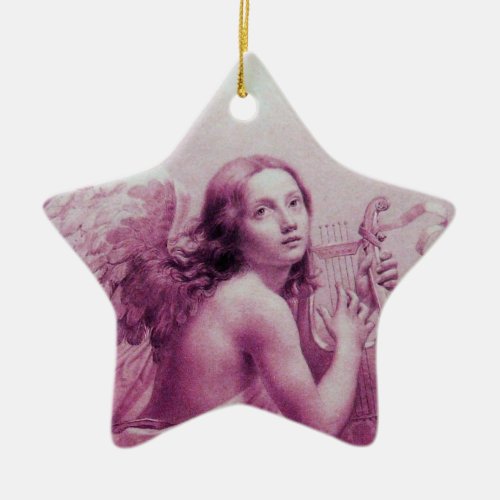 ANGEL PLAYING LYRA OVER THE CLOUDS Pink Star Ceramic Ornament