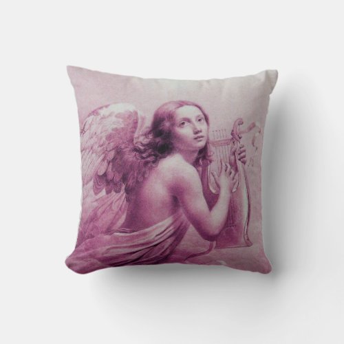 ANGEL PLAYING LYRA OVER THE CLOUDS pink Throw Pillow