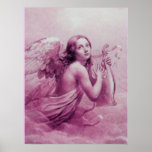 ANGEL PLAYING LYRA OVER THE CLOUDS POSTER<br><div class="desc">Artistic and classic watercolor painting in white antique pink fuchsia  colors re-elaborated from 18 th Century Italian fine art</div>