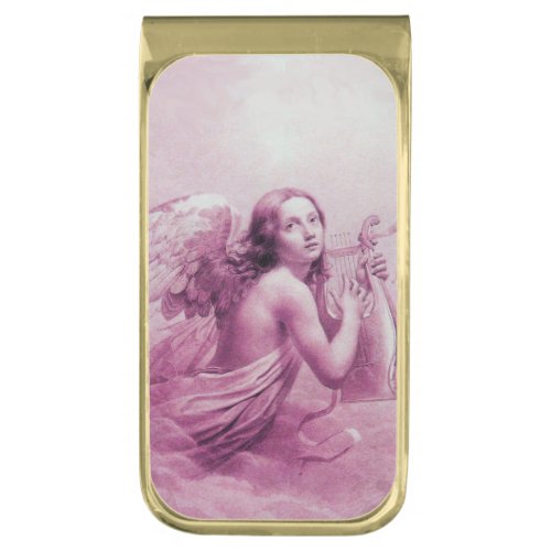 ANGEL PLAYING LYRA OVER THE CLOUDS purple Gold Finish Money Clip