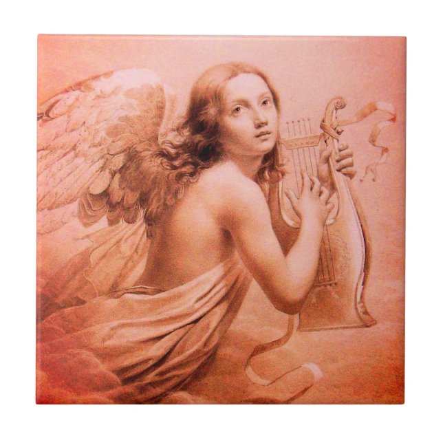 ANGEL PLAYING LYRA OVER THE CLOUDS Red Brown Ceramic Tile (Front)