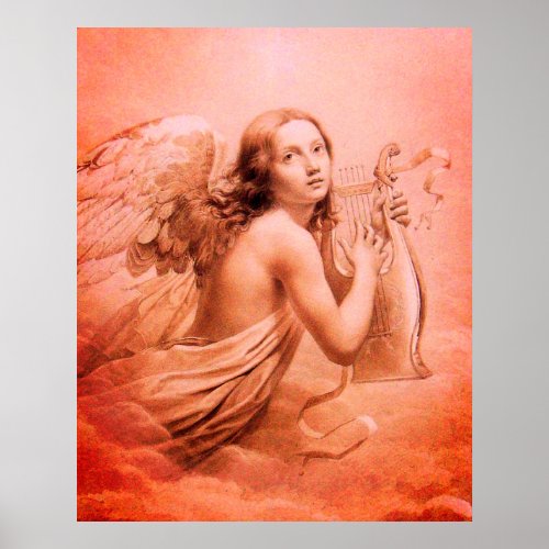 ANGEL PLAYING LYRA OVER THE CLOUDS Red Brown Poster