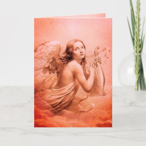 ANGEL PLAYING LYRA OVER THE CLOUDS Red Hue Holiday Card