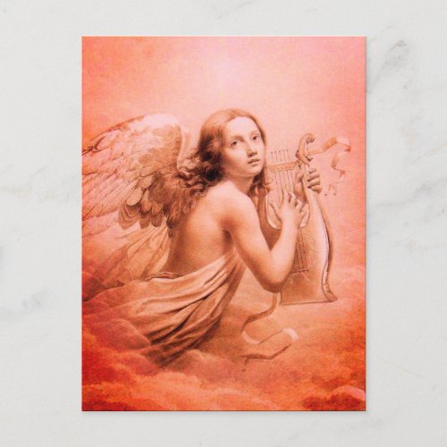 ANGEL PLAYING LYRA OVER THE CLOUDS Red Hues Postcard